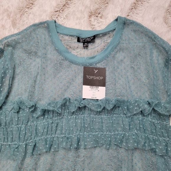 ✨️CL TopShop Blue Short Sleeve Mesh Ruffle Strip Accent Transparent Top NWT Sz 4 - Picture 6 of 10